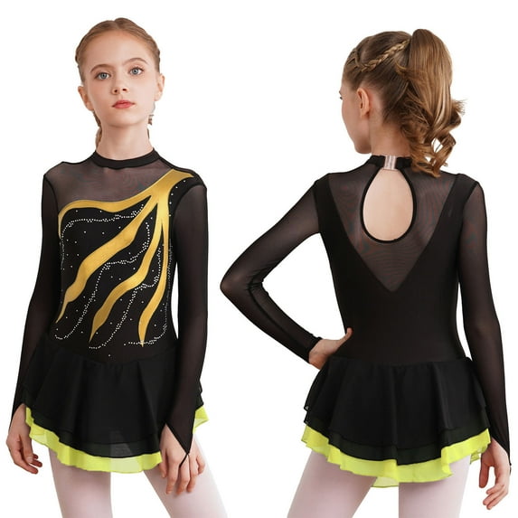 Aislor Girls Mesh Splice Figure Ice Skating Long Sleeves Ballet Dance Gymnastics Leotards Tutu Dress Size 6-16 Yellow 12