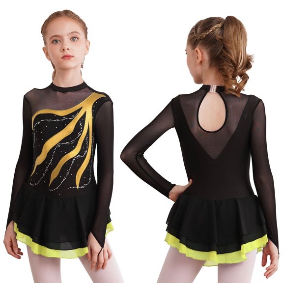 Aislor Girls Mesh Splice Figure Ice Skating Long Sleeves Ballet Dance Gymnastics Leotards Tutu Dress Size 6-16 Yellow 6