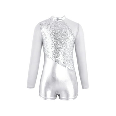 Aislor Girls Mesh Splice Sequins Metallic Long Sleeves Gymnastics Sports Ballet Leotards Dancewear Silver 6