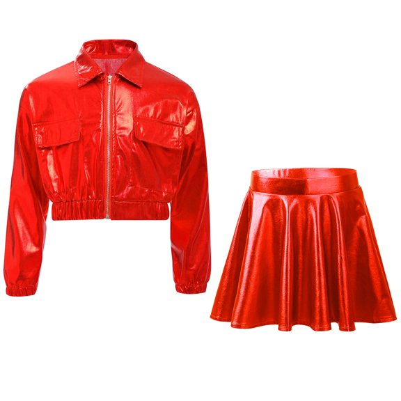Aislor Girls Metallic 2 Piece Dance Hip Hop Turn-down Collar Long Sleeve Zipper Jacket with Elastic Waistband Flared A-line Skirt Outfit Red 6