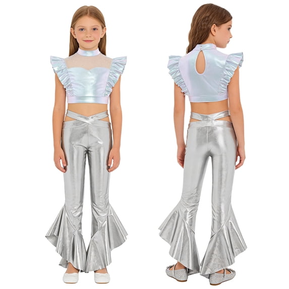 Aislor Girls Metallic Dance Outfits Latin Jazz Performance Tank Top With Flared Pants Set Disco Party Silver 12
