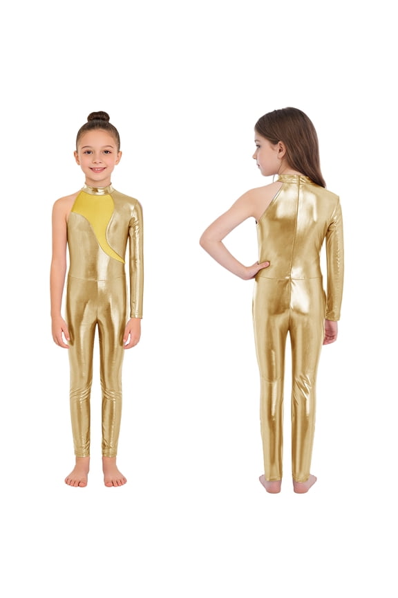 Girls Metallic Dance Unitard One Shoulder Long Sleeve Bodysuit Sparkly One Piece Full Body Leotard Gold 6