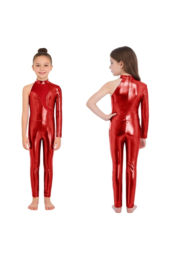 Girls Metallic Dance Unitard One Shoulder Long Sleeve Bodysuit Sparkly One Piece Full Body Leotard Red 6