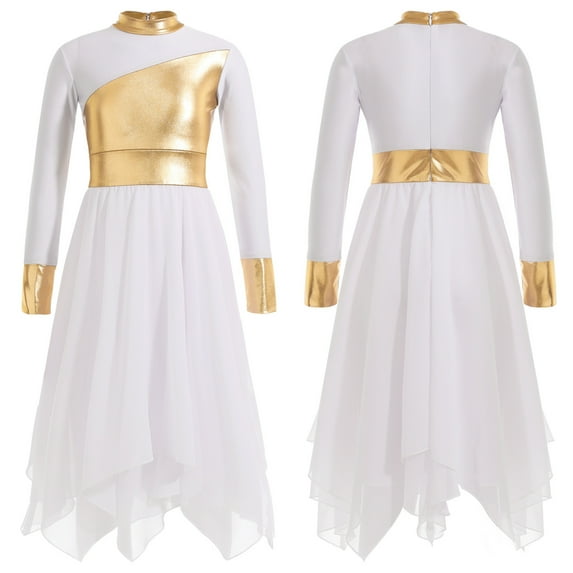 Aislor Girls Metallic Gold Color Block Dance Dress Loose Fit Full Length Dancewear Size 6-116 A White 6
