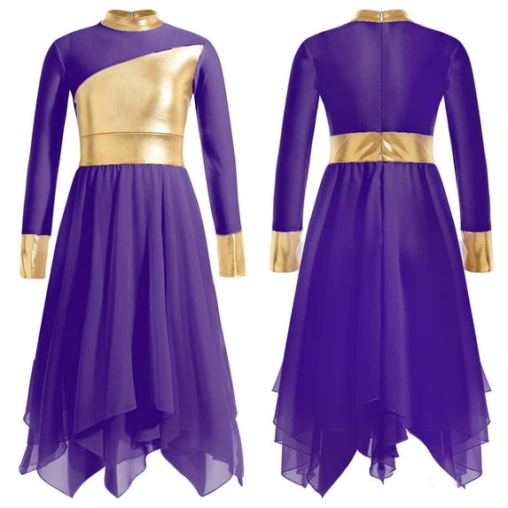 Aislor Girls Metallic Gold Color Block Dance Dress Loose Fit Full Length Dancewear Size 6-116 Purple 6