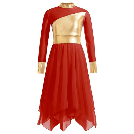 Aislor Girls Metallic Gold Color Block Dance Dress Loose Fit Full Length Dancewear Size 6-116 Red 16