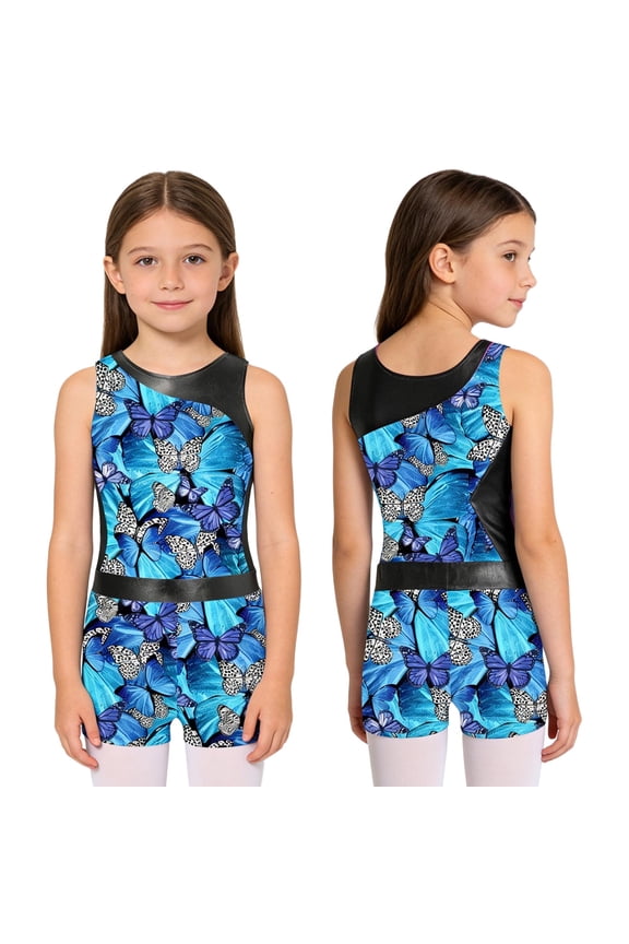 Girls Metallic Gymnastic Leotard 2 Piece Ballet Dance Bodysuit with Sparkly Shorts Outfits Butterfly Blue 10