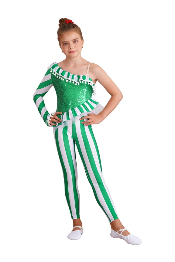 Girls Miss Santa Candy Full Body Cover Unitard Ruffles Sequins Christmas Festival Jumpsuit Size 4-16 Green 4