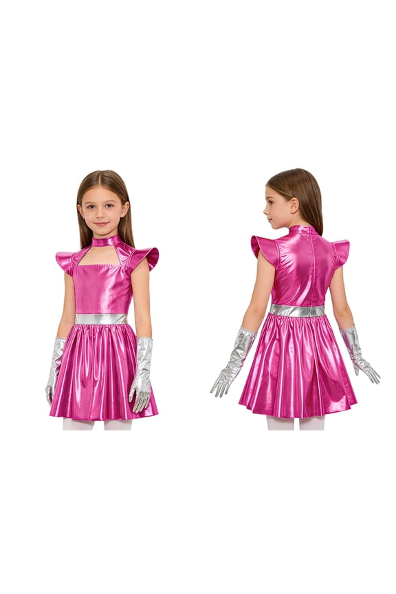 Girls Mock Neck Shiny Metallic Glitter Robot Alien Dance Dress with Gloves Rose Red 6