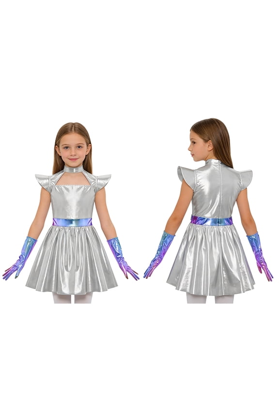 Girls Mock Neck Shiny Metallic Glitter Robot Alien Dance Dress with Gloves Silver 14