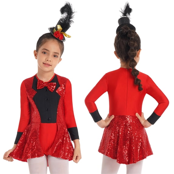 Aislor Girls Modern Jazz Dance Leotard Dress Long Sleeve Bowtie Tuxedo Circus Ringmaster Cosplay Costume 4-14 Red 4