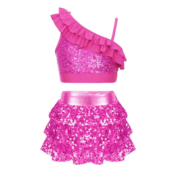 Aislor Kids Girls Sequin Dance Dress Metallic Crop Top with Skirt Jazz Latin Hip Hop Dancewear Hot Pink 14