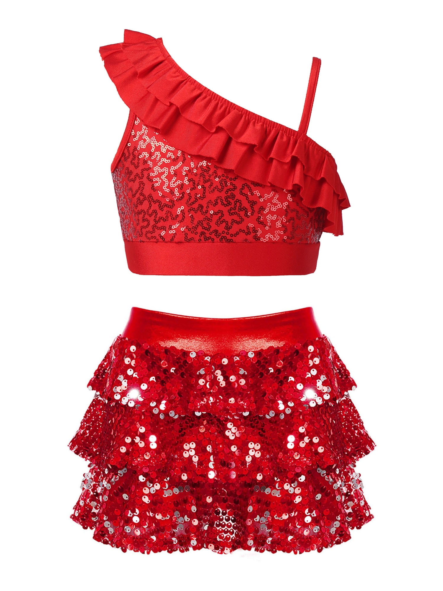Kids Girls Sequin Dance Outfit Set – Asymmetrical Shoulder Crop Top & Skirted Shorts For Ballet, Gymnastics, Performance