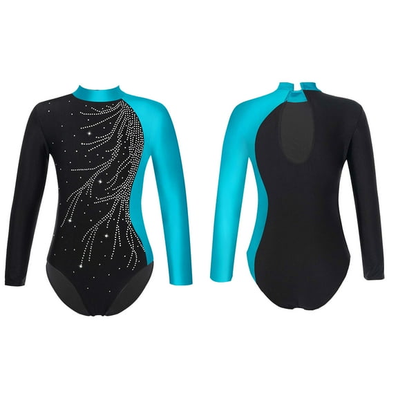 Aislor Girls One Piece Shiny Diamonds Long Sleeve Ballet Dance Leotard Gymnastics Ballerina Size 6-16 Lake Blue 12