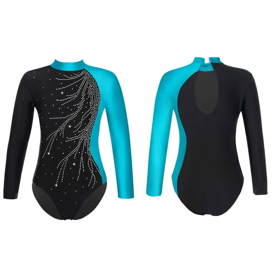 Aislor Girls One Piece Shiny Diamonds Long Sleeve Ballet Dance Leotard Gymnastics Ballerina Size 6-16 Lake Blue 12