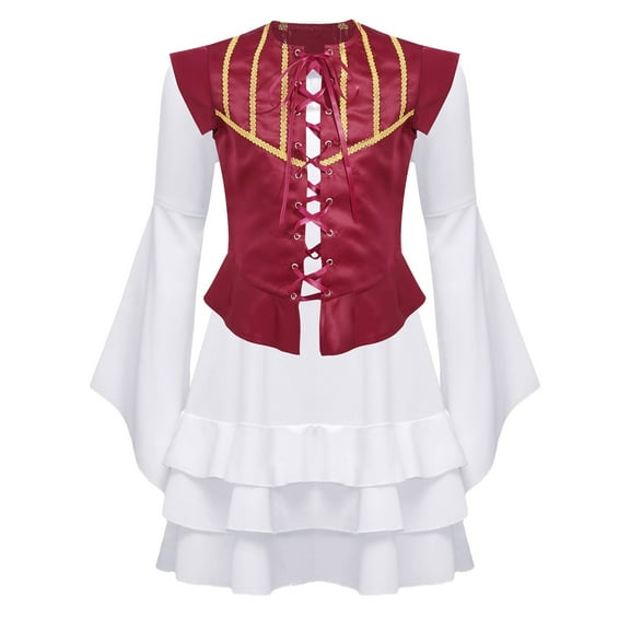 Aislor Girls Pirate Costume Halloween Rave Party Victorian Long Sleeve Ruffle Dress with Vest Burgundy 16