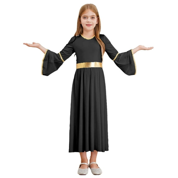 Aislor Girls Praise Dance Dress Liturgical Worship Metallic Patchwork Bell Long Gown Church Dancewear Black 8