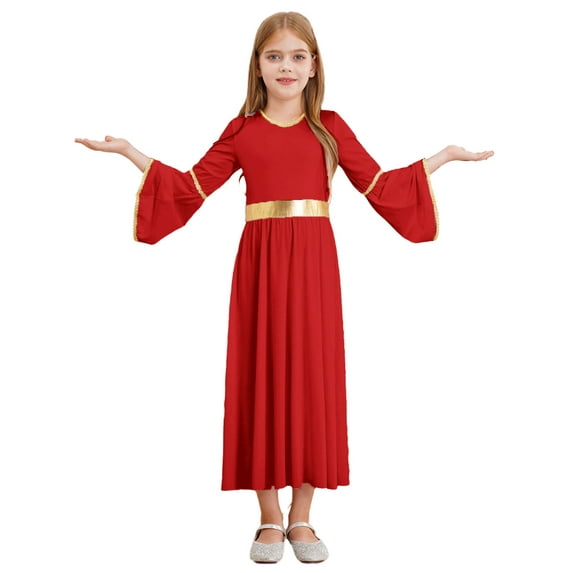Aislor Girls Praise Dance Dress Liturgical Worship Metallic Patchwork Bell Long Gown Church Dancewear Red 6