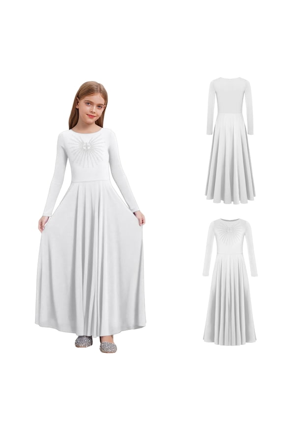 Girls Praise Dance Dress Long Sleeve Worship Church Dancewear Liturgical Lyrical Church Robe White 12