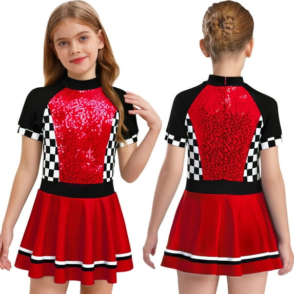 Aislor Girls Race Car Driver Jumpsuit Glitter Racer Checkerboard Printed Sequins Tutu Dress Red 10