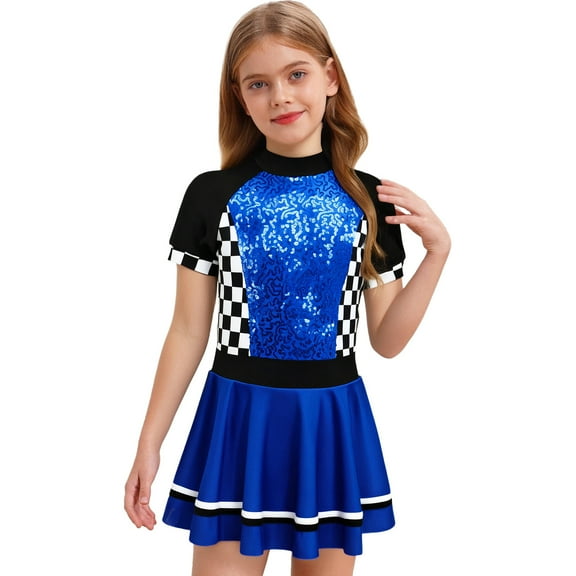 Aislor Girls Race Car Driver Jumpsuit Glitter Racer Checkerboard Printed Sequins Tutu Dress Royal Blue 10