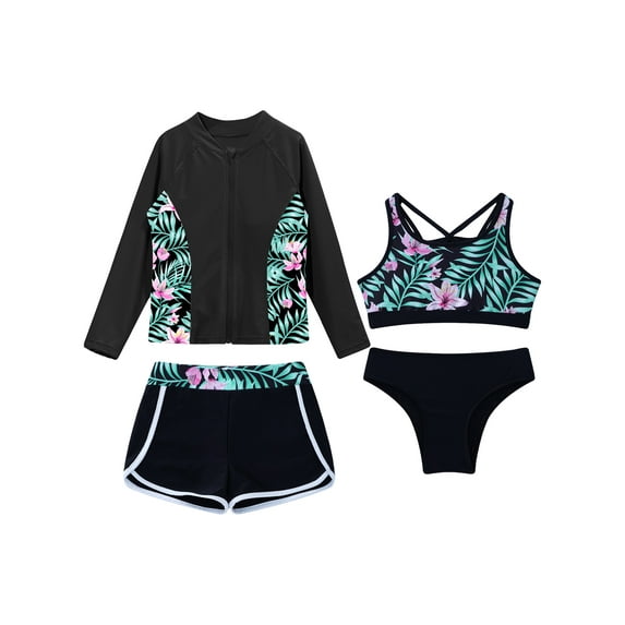 Aislor Girls Rash Guard UPF 50+ Swimsuits Long Sleeve 4 Pieces Swimwear Bathing Suit Swim Shirt Shorts A Black 12