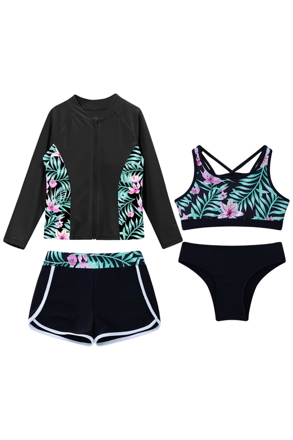 Girls Rash Guard UPF 50+ Swimsuits Long Sleeve 4 Pieces Swimwear Bathing Suit Swim Shirt Shorts A Black 16