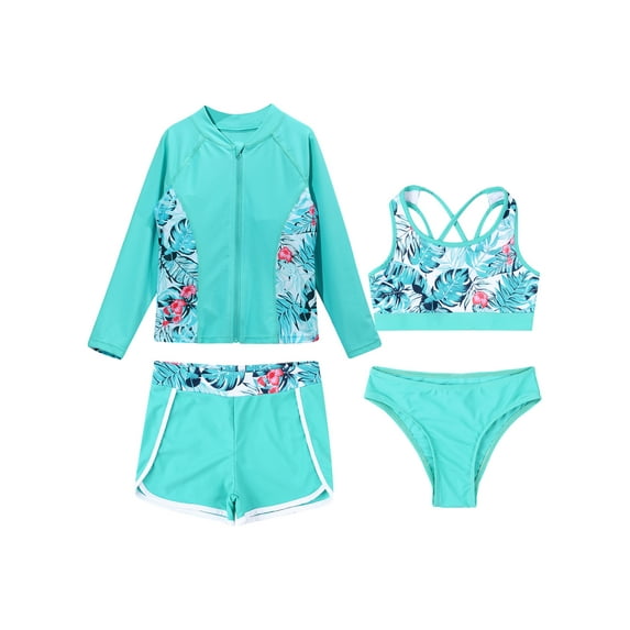 Aislor Girls Rash Guard UPF 50+ Swimsuits Long Sleeve 4 Pieces Swimwear Bathing Suit Swim Shirt Shorts Light Green 10
