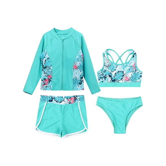 Aislor Girls Rash Guard UPF 50+ Swimsuits Long Sleeve 4 Pieces Swimwear Bathing Suit Swim Shirt Shorts Light Green 14