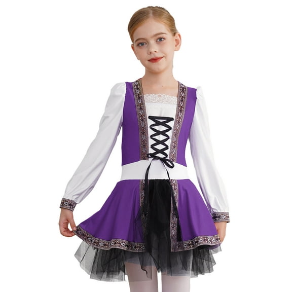 Aislor Girls Renaissance Medieval Long Sleeve Lace-up Tutu Dress Leotard Halloween Costume Purple 6
