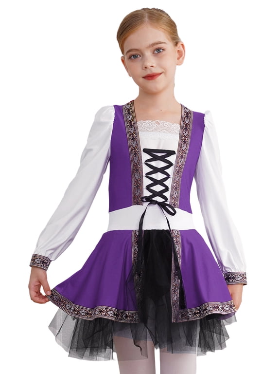 Girls Renaissance Medieval Long Sleeve Lace-up Tutu Dress Leotard Halloween Costume Purple 6