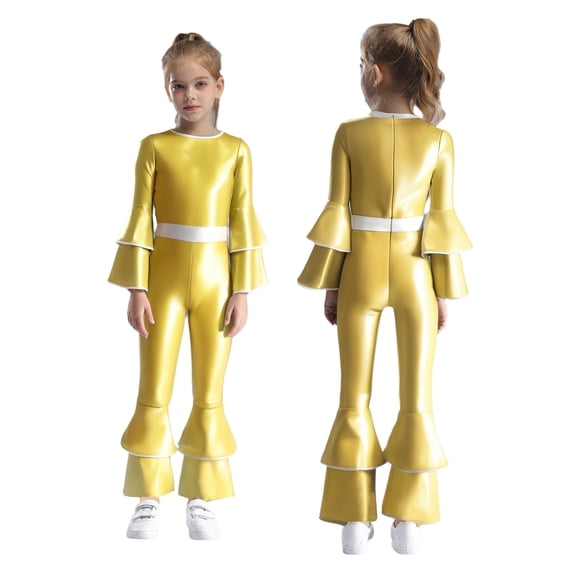 Aislor Girls Retro 70s Hippie Star Dancewear Metallic Bell Long Sleeve One Piece Jumpsuits Gold 6
