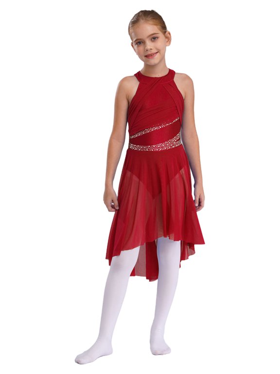 Girls Rhinestones Halter Neck Lyrical Dance Dress Ballet Tulle Leotard Dress Hi-Lo Contemporary Dancewear Burgundy 8