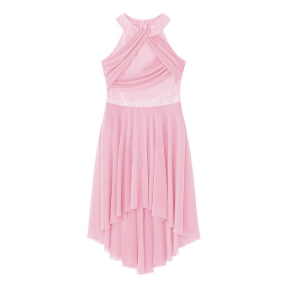 Aislor Girls Rhinestones Halter Neck Lyrical Dance Dress Ballet Tulle Leotard Dress Hi-Lo Contemporary Dancewear Pink 10