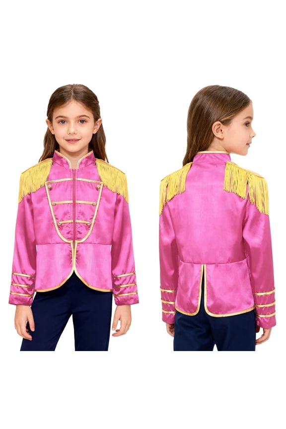 Girls Royal Guard Drummer Marching Band Long Sleeve Fringe Tassel Epaulets Outwear Jacket Coat Hot Pink 6