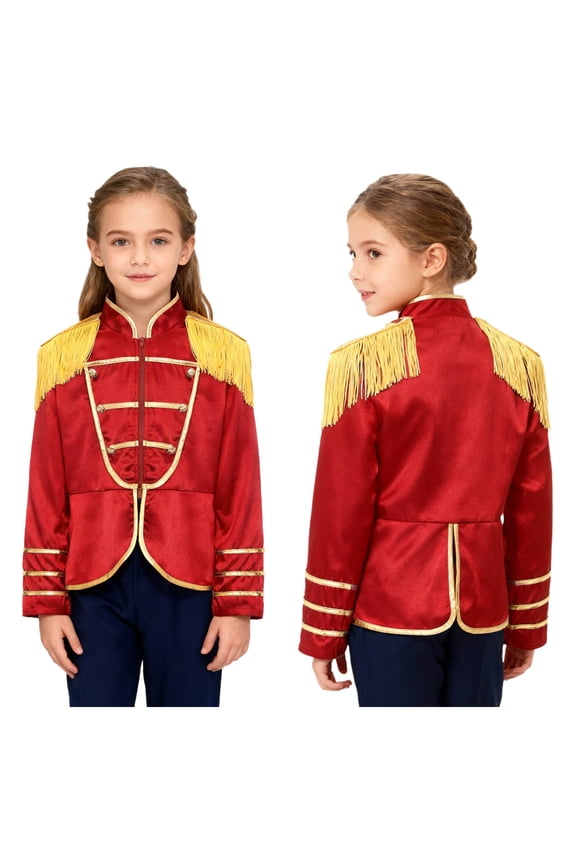 Girls Royal Guard Drummer Marching Band Long Sleeve Fringe Tassel Epaulets Outwear Jacket Coat Red 6