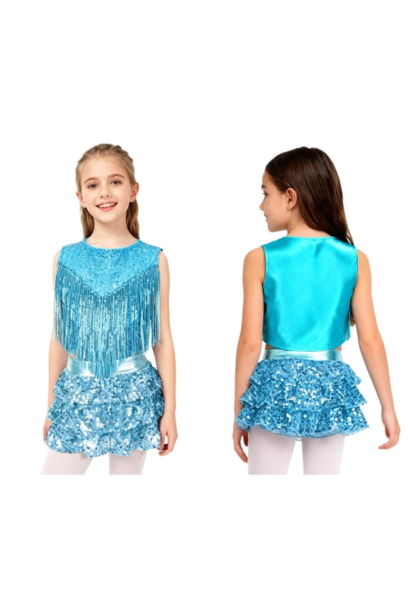 Girls Rumba Dance Outfit 2 Piece Set Sleeveless Sequined Fringe Top and Skirt Blue 6