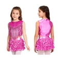 thumbnail image 1 of Aislor Girls Rumba Dance Outfit 2 Piece Set Sleeveless Sequined Fringe Top and Skirt Hot Pink 14, 1 of 6