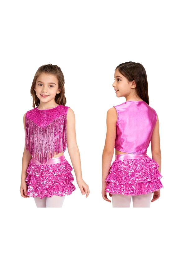 Girls Rumba Dance Outfit 2 Piece Set Sleeveless Sequined Fringe Top and Skirt Hot Pink 6