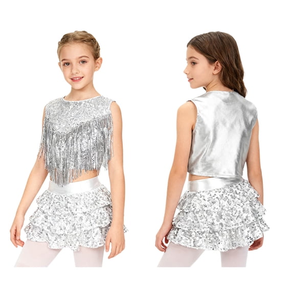 Aislor Girls Rumba Dance Outfit 2 Piece Set Sleeveless Sequined Fringe Top and Skirt Silver 10