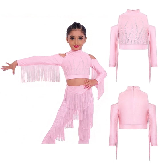 Aislor Girls Salsa Cha Cha Latin Dance Cold Shoulder Tassel Shiny Rhinestone Long Sleeve Crop Top Pink 16