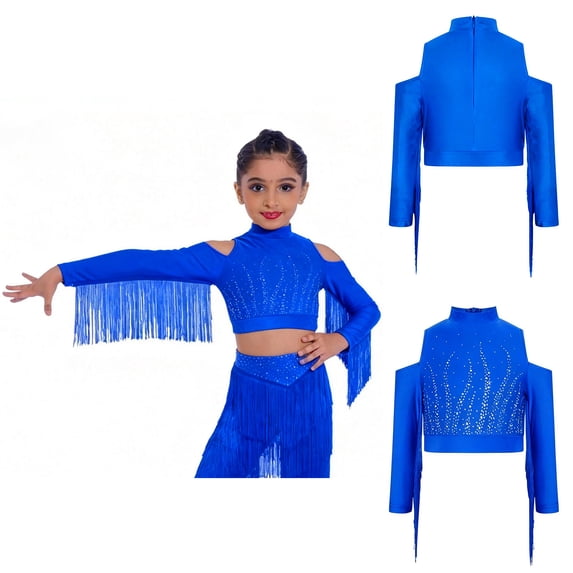 Aislor Girls Salsa Cha Cha Latin Dance Cold Shoulder Tassel Shiny Rhinestone Long Sleeve Crop Top Royal Blue 14