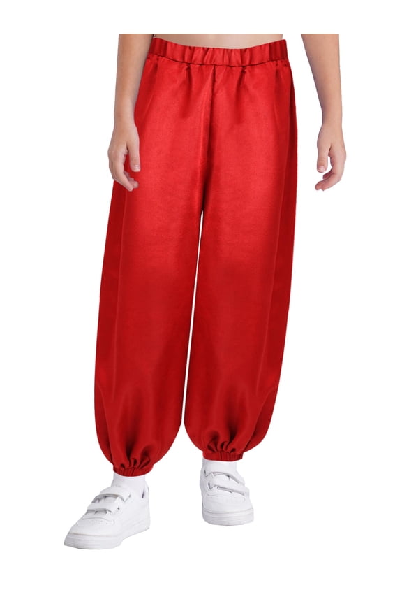 Girls Satin Bloomers Belly Dance Loose Solid Color Harem Pants Halloween Indian Arabic Trousers Red 16