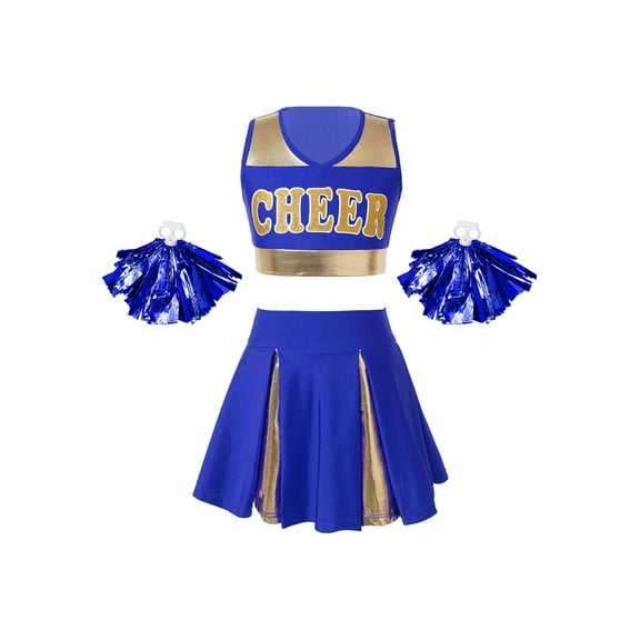 Aislor Girls Schoolgirls Cheer Leader Uniform Crop Top with Pleated Skirt and Pom Poms Dancewear Blue 14