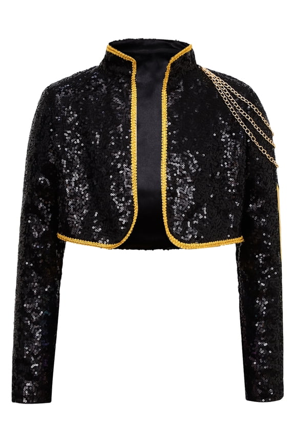 Girls Sequin Dance Tops Sparkly Popular Singer Crop Jacket Performance Stage Short Coat Black 6