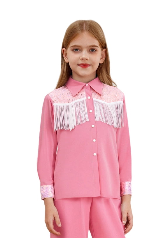 Girls Sequin Fringe Button Down Shirt Long Sleeve Sparkly Blouse Top Western Cowgirl Outfit Pink 14