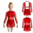 thumbnail image 1 of Aislor Girls Sequin Tassel Latin Dance Long Sleeve Leotards Dress 6-16 Red 14, 1 of 7
