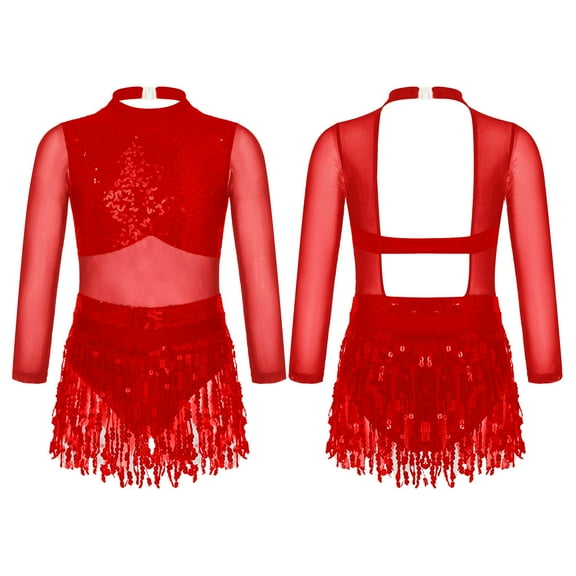 Aislor Girls Sequin Tassel Latin Dance Long Sleeve Leotards Dress 6-16 Red 6
