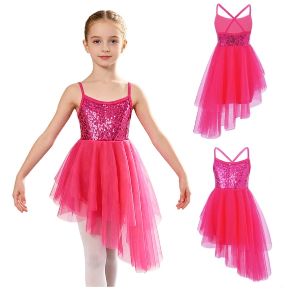 Aislor Girls Sequined Camisole Ballet Dance Tutu Dress Gymnastic Leotard Asymmetrical Skirt Rose S