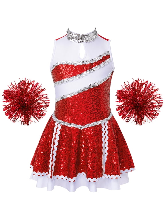 Girls Sequins Cheerleading Uniform Cheer Leader Outfits Performance Costume Dance Dress with Pom Poms Red 14